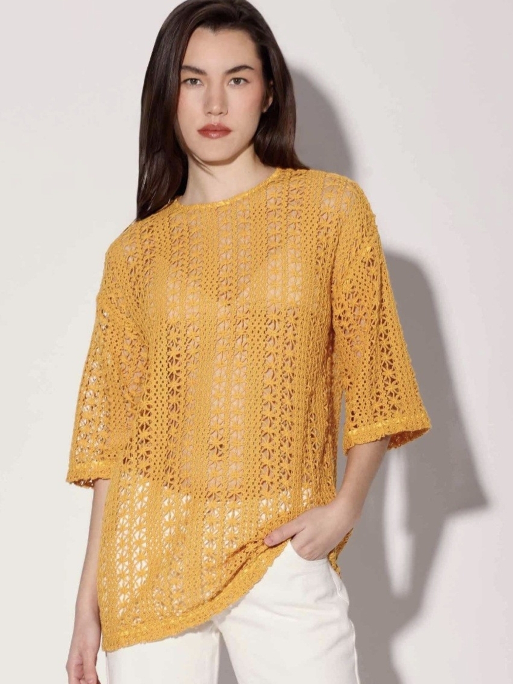 Walter Baker Open-Knit Crocheted Tunic in Mustard